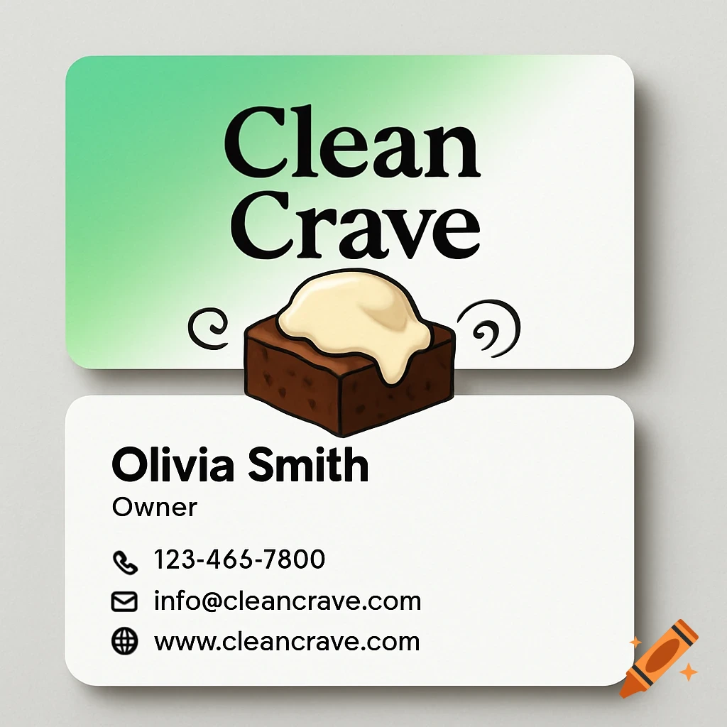 A 'Clean Crave' business card with a brownie topped with cream and contact details for Olivia Smith.