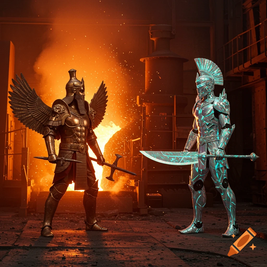 Two armored warriors, one in gold winged armor, the other in glowing futuristic blue armor, face each other with weapons drawn in a fiery blast furnace.