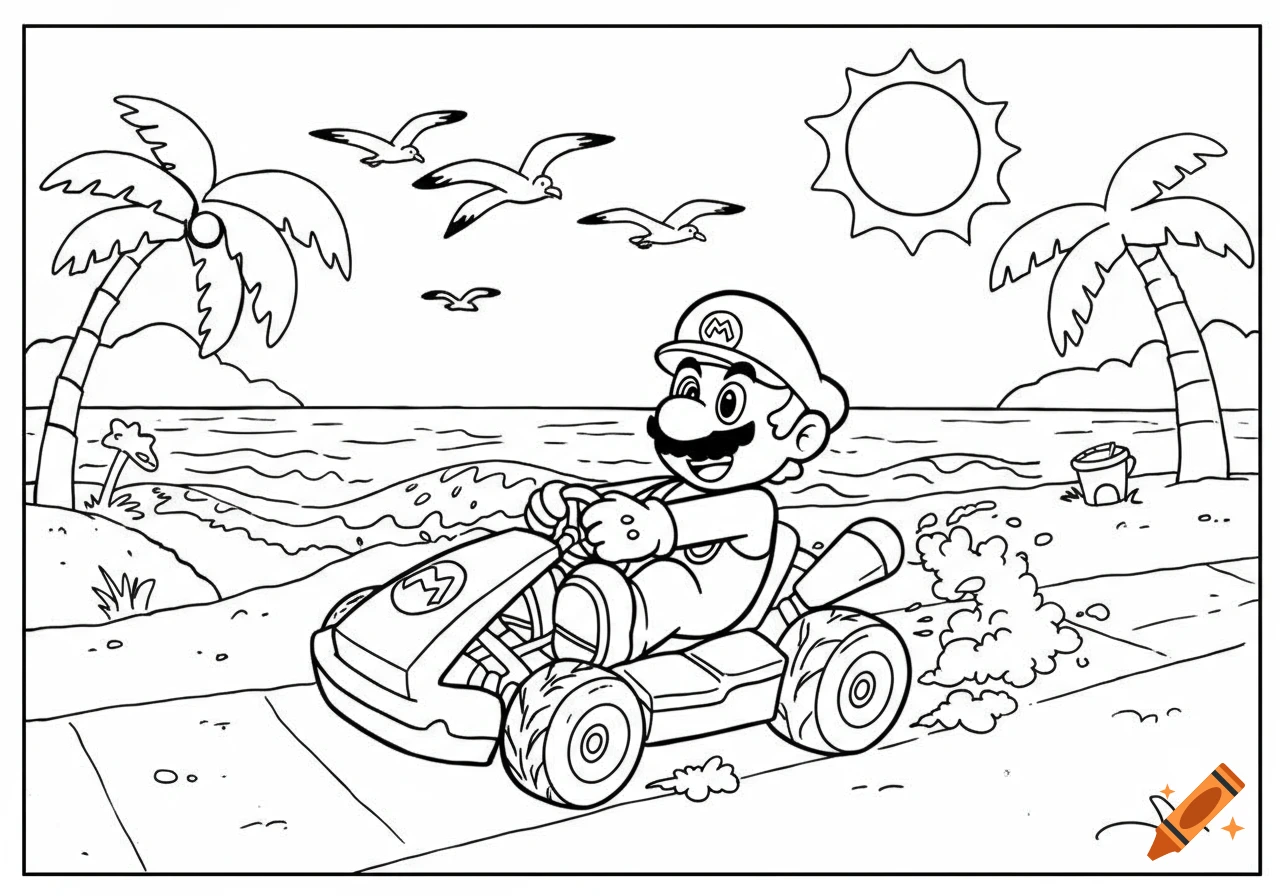 Line art coloring page of Mario racing a Mario Kart on a beach with palm trees, ocean, sun, and seagulls in the background.