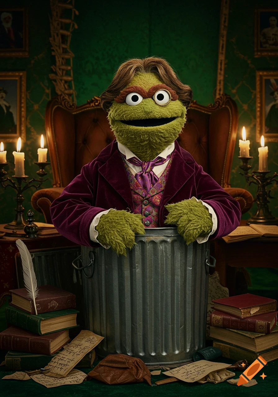 Photorealistic image of Oscar the Grouch with brown hair and a monocle, wearing a purple Victorian suit, standing in a trash can in a lavish green room.