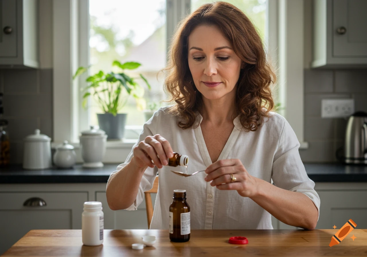 A woman with brown hair pours liquid medicine from a small brown bottle into a spoon in a bright kitchen.