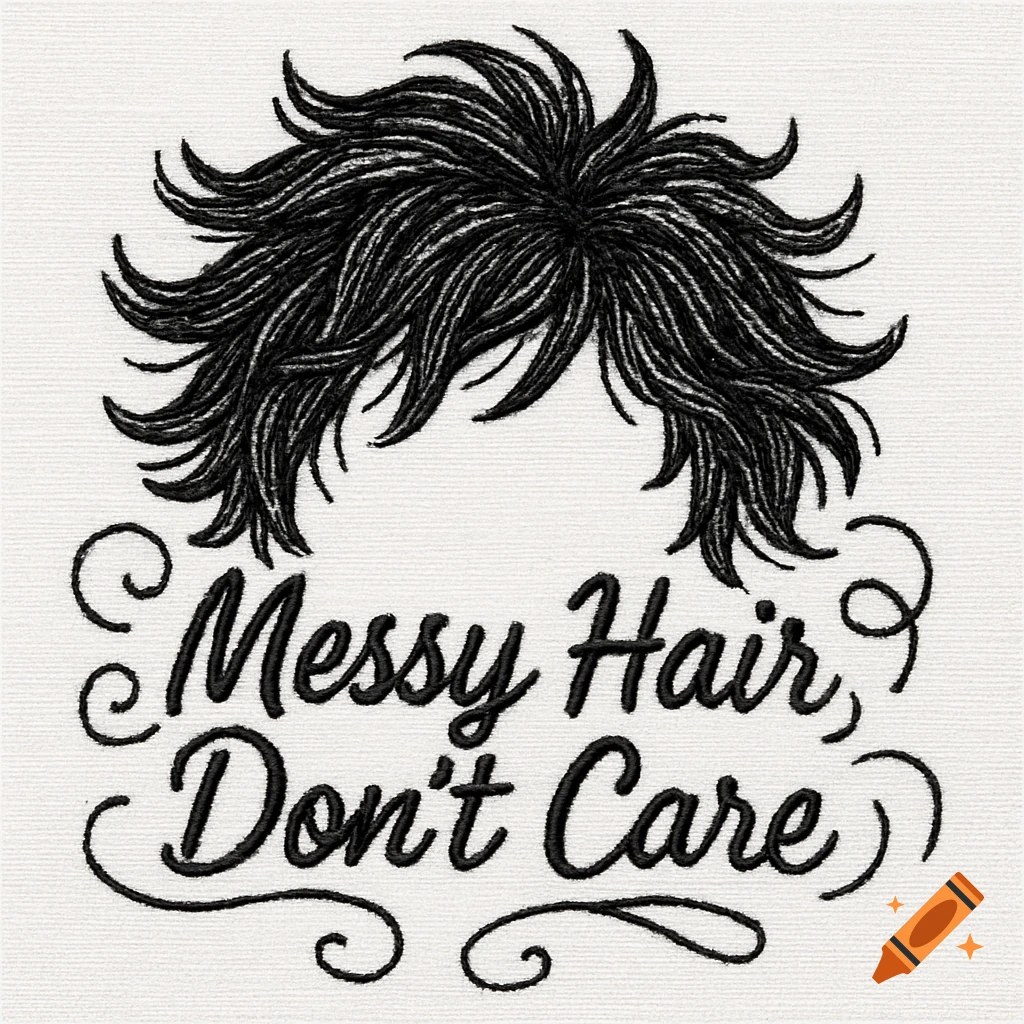 Black and white embroidery of messy hair above the text 'Messy Hair, Don't Care'.