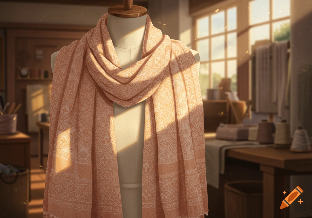 A patterned peach scarf draped on a mannequin in a sunlit textile workshop, digital art.