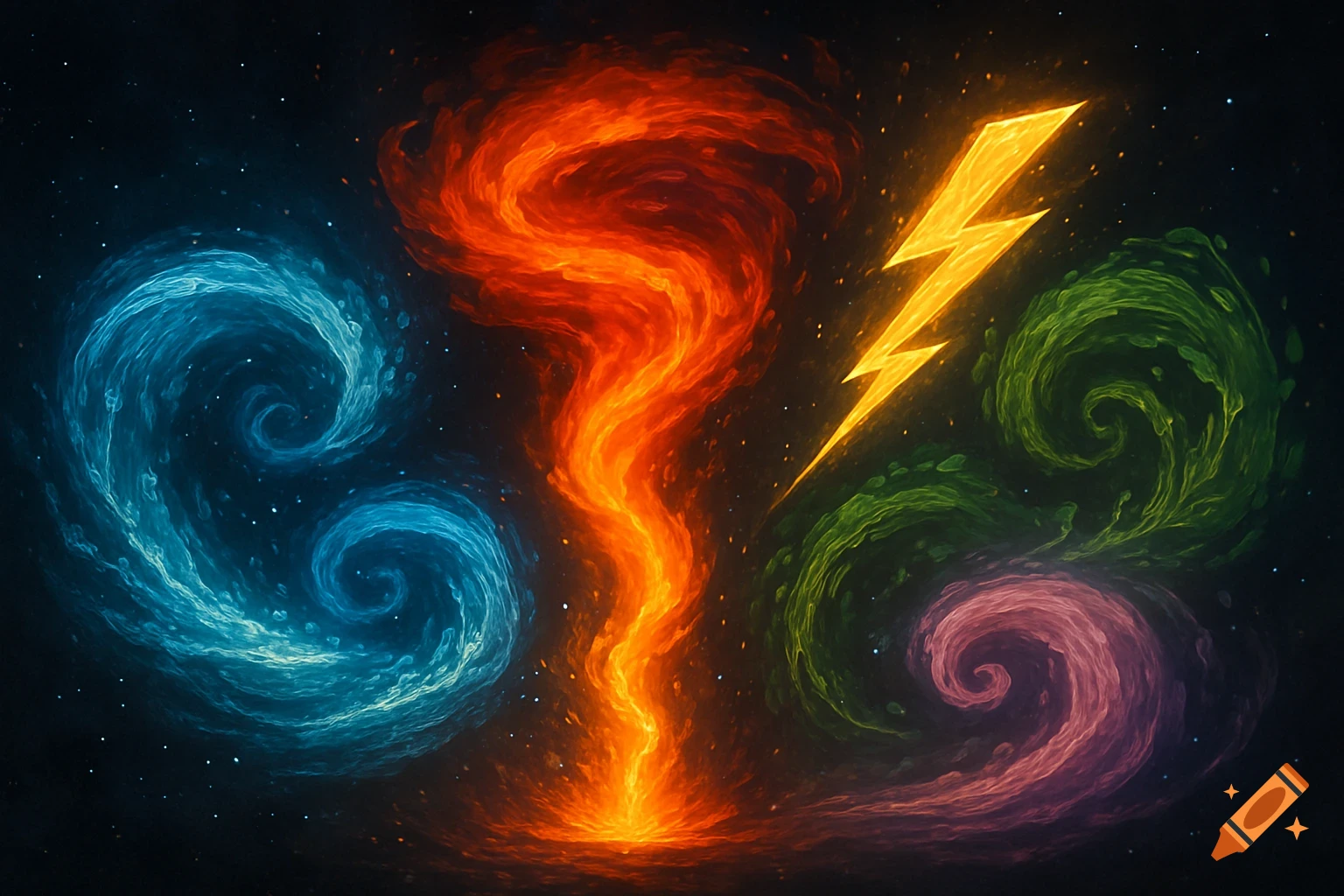 Abstract depiction of five glowing, swirling elements: blue, red-orange, yellow lightning, green, and pink, against a starry dark background.
