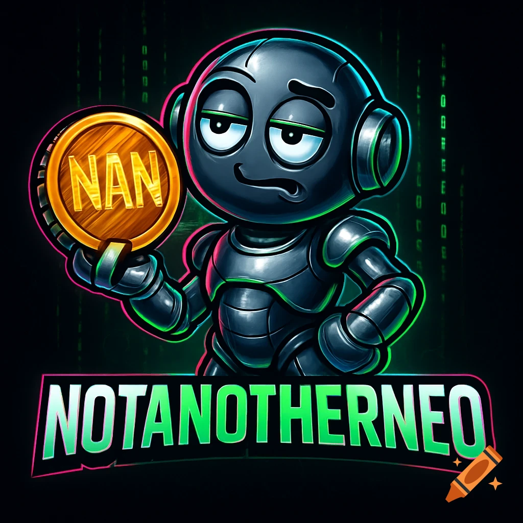 A cartoon robot mascot named Neo with a sarcastic expression, holding a golden coin with 'NAN' on it. Text below reads 'NOTANOTHERNEO'.