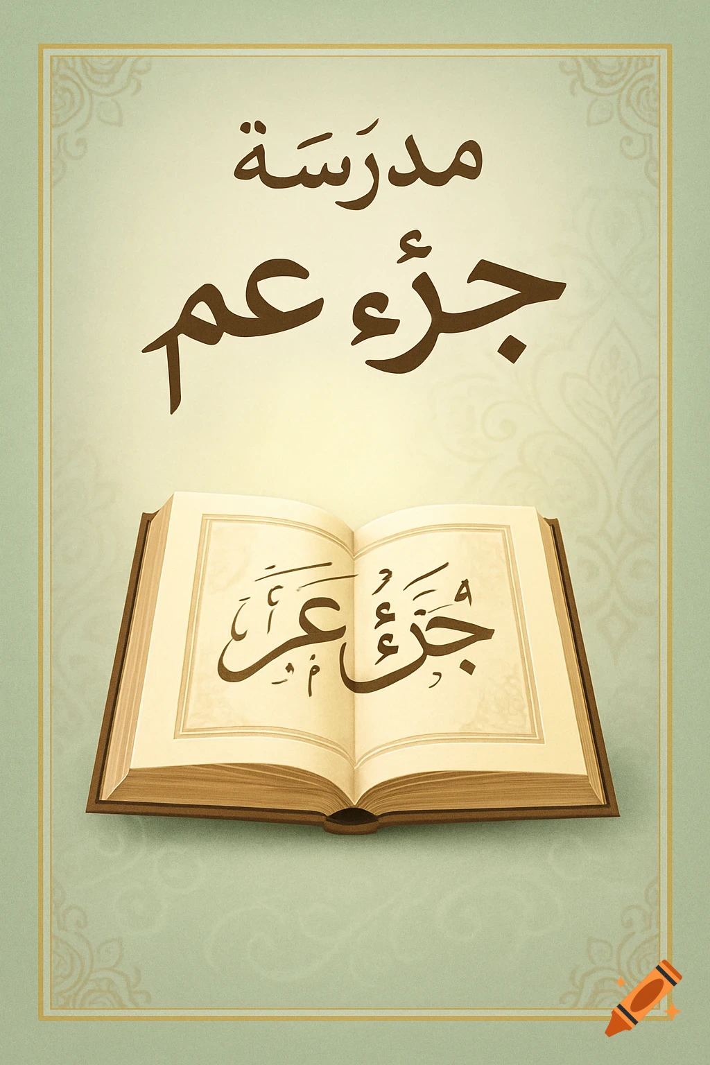 An elegant Islamic book cover design with an open Quran displaying Arabic calligraphy 'Juz' Amma', and 'Madrasa Juz' Amma' text above, on a light green and beige background.