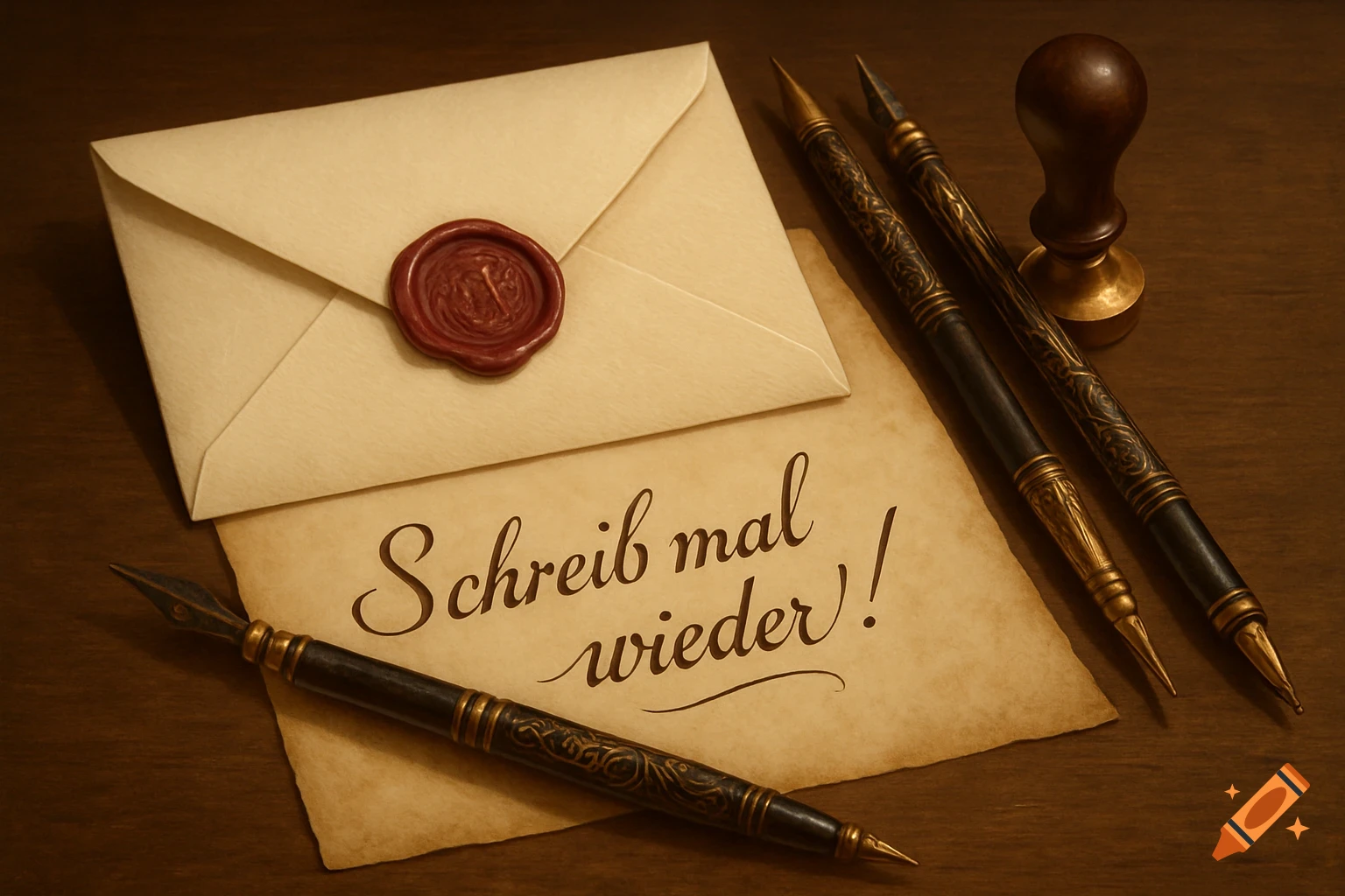 An old envelope with a wax seal, a parchment with 'Schreib mal wieder!', ornate pens, and a wooden stamp on a dark wooden table in warm light.