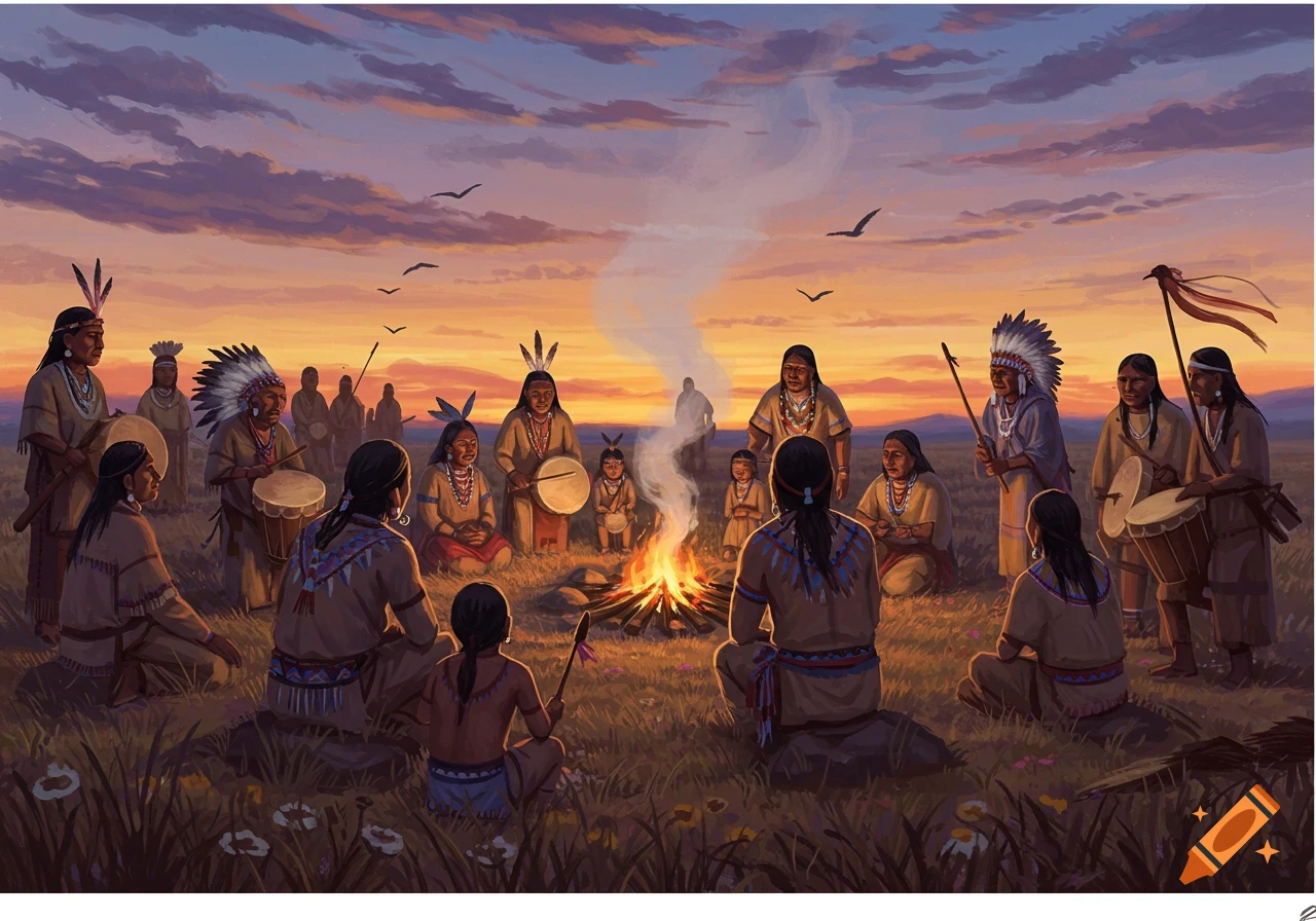 An illustrated gathering of indigenous people around a campfire at sunset, some playing drums.