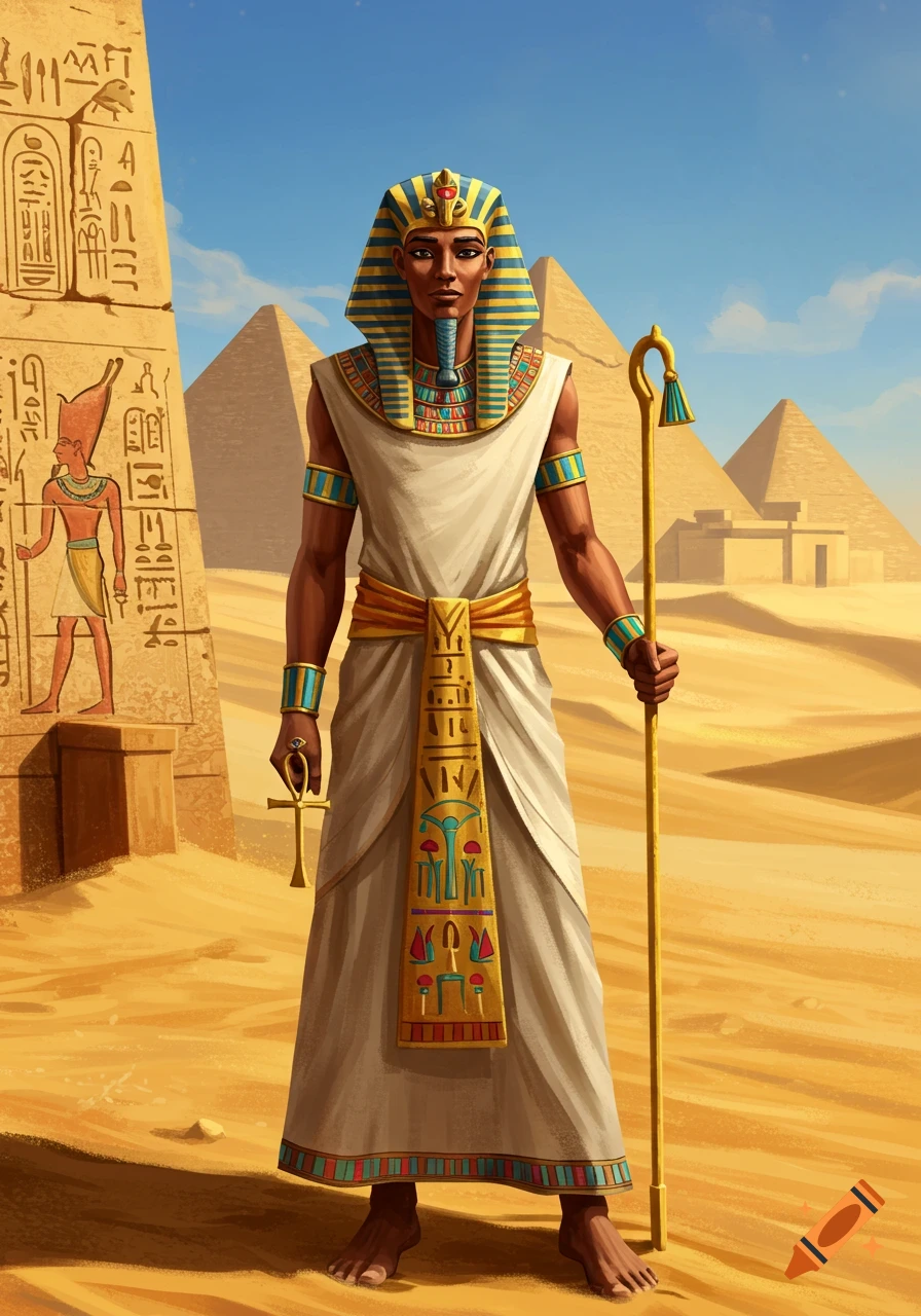 An ancient Egyptian pharaoh with a striped headdress and white kilt stands in a desert with pyramids and an obelisk decorated with hieroglyphs.