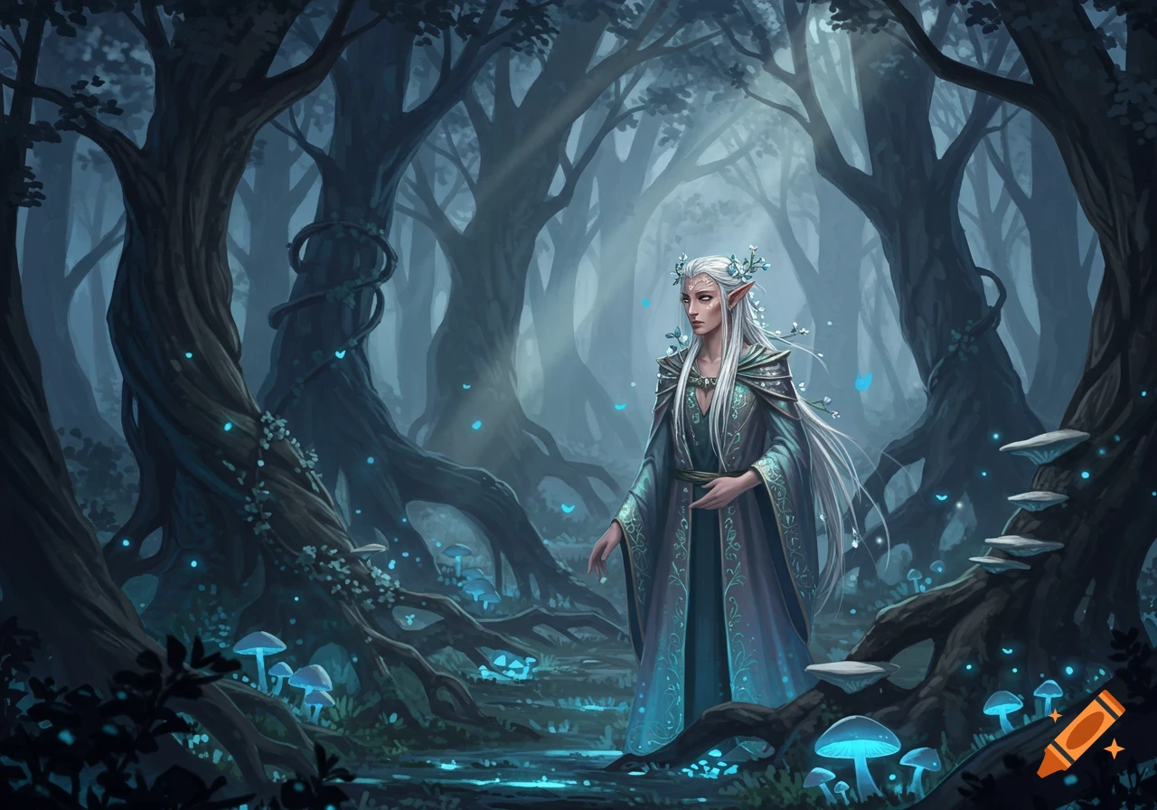 An elegant white-haired elf in a blue robe stands in a dark, ethereal ...