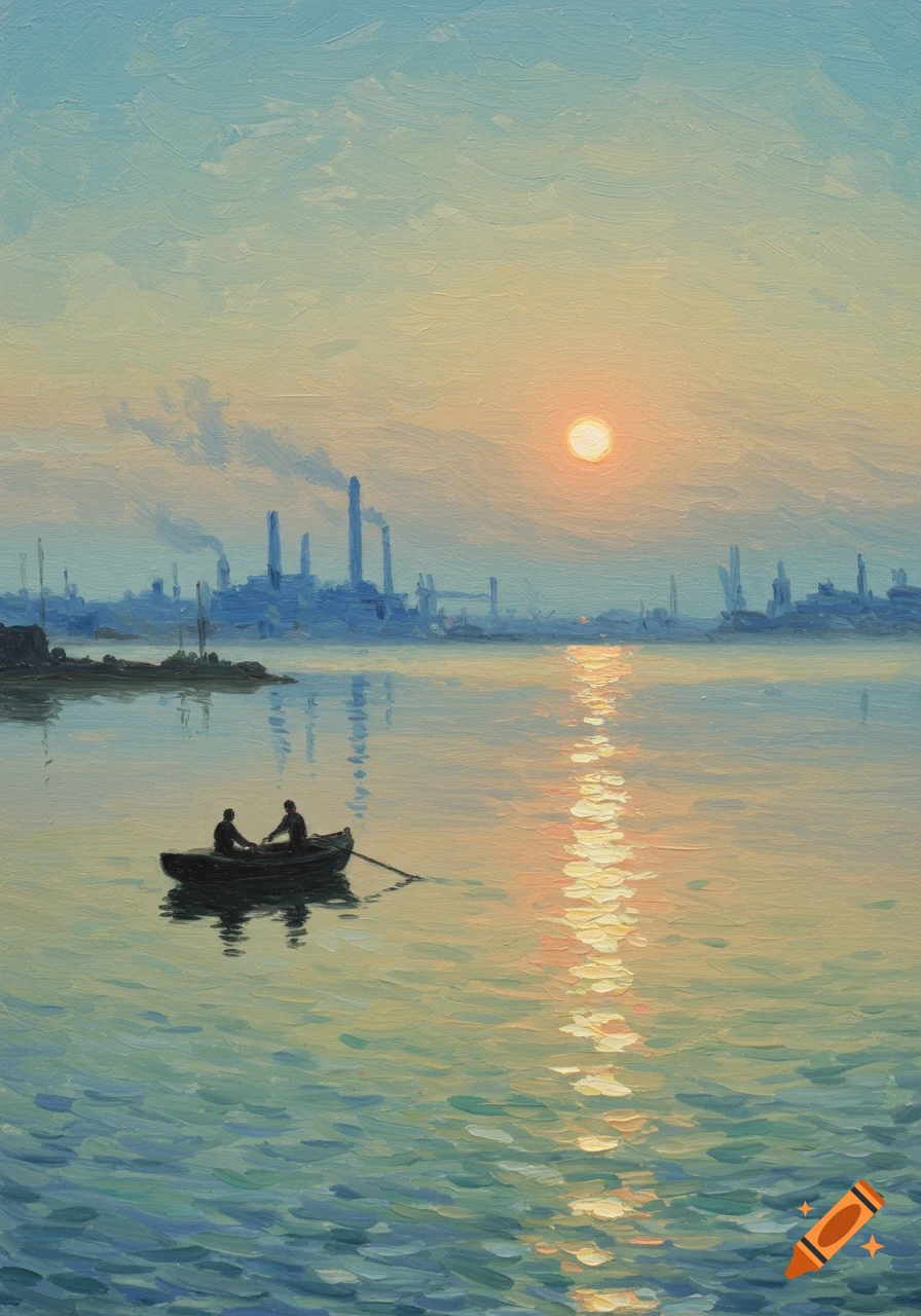 Impressionistic oil painting of two silhouetted figures in a rowboat on calm water at sunset, with a hazy industrial skyline.