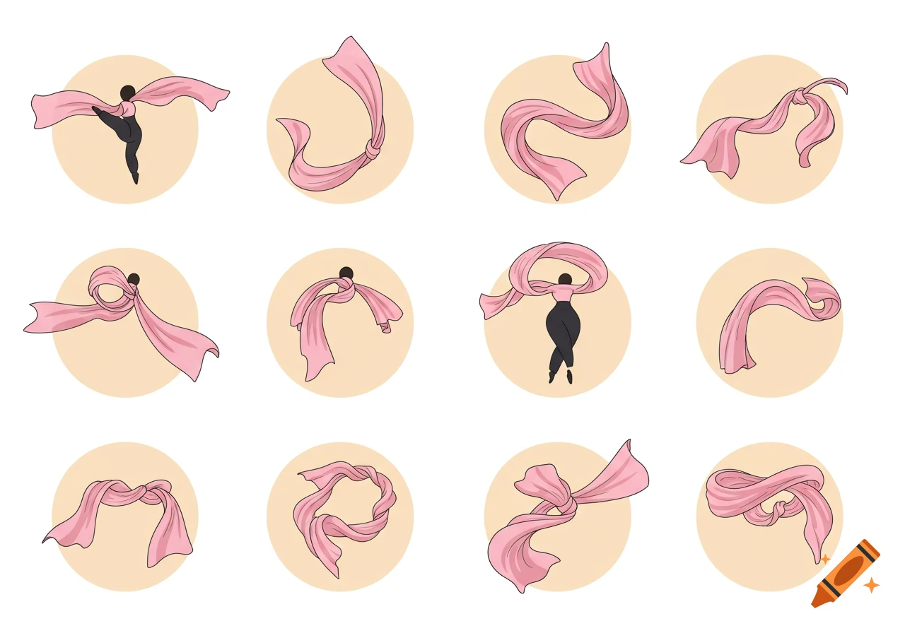 Twelve minimalist pictograms show figures and pink chiffon scarves in various flowing movements against beige circles.