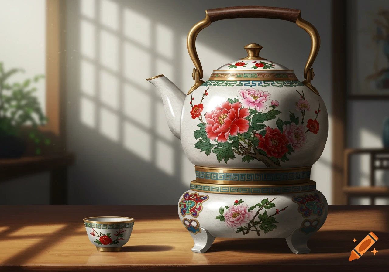 A white and gold Chinese kettle and stand adorned with red and pink floral paintings, next to a matching teacup on a wooden table.