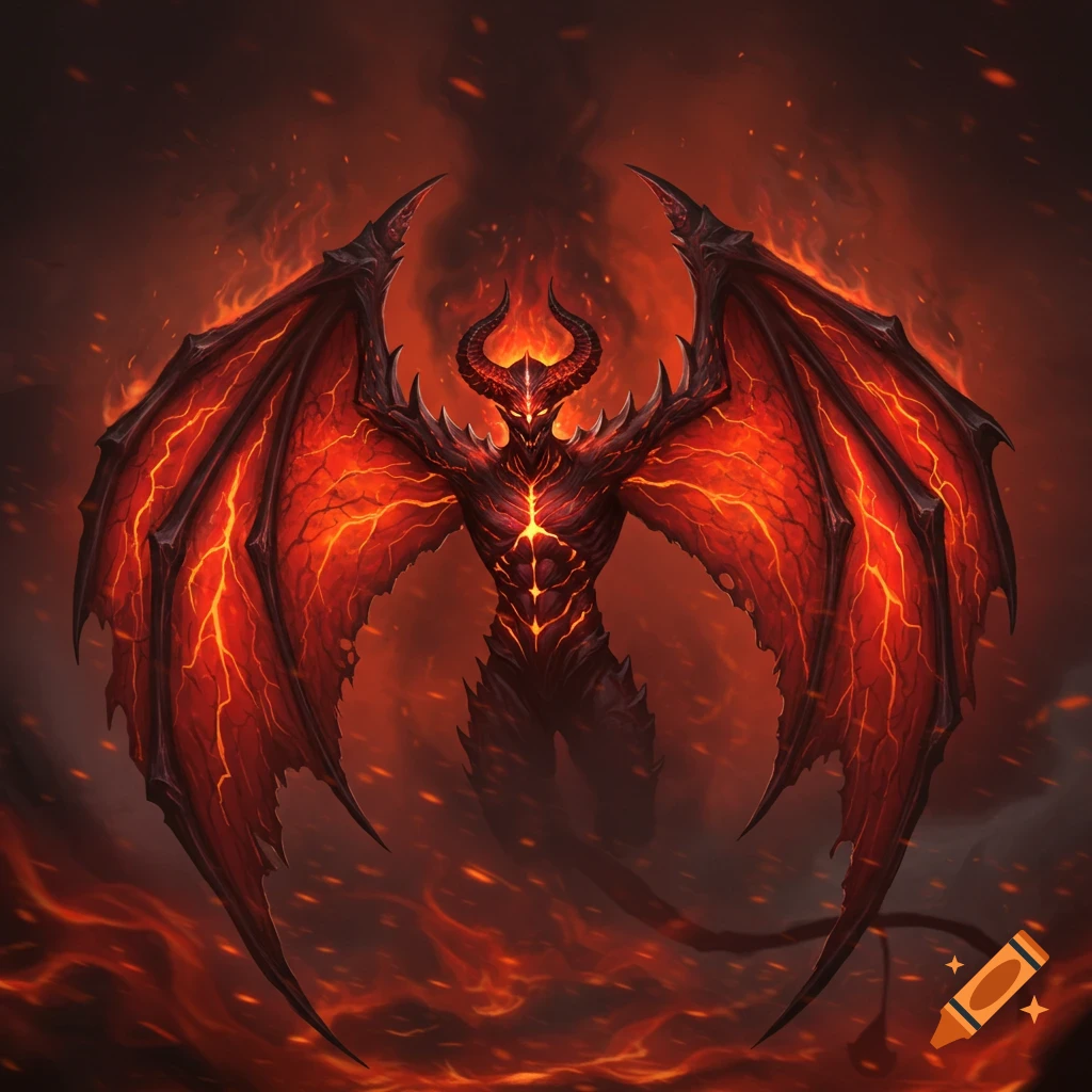 A red and black demon with large, fiery wings stands amidst swirling flames, its body glowing with molten cracks.