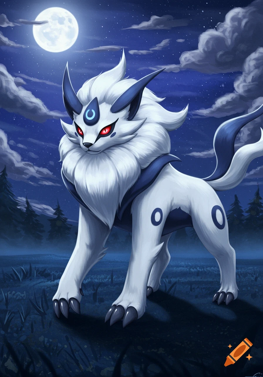 Absol, a white and dark blue feline-like Pokémon with red eyes, stands ...