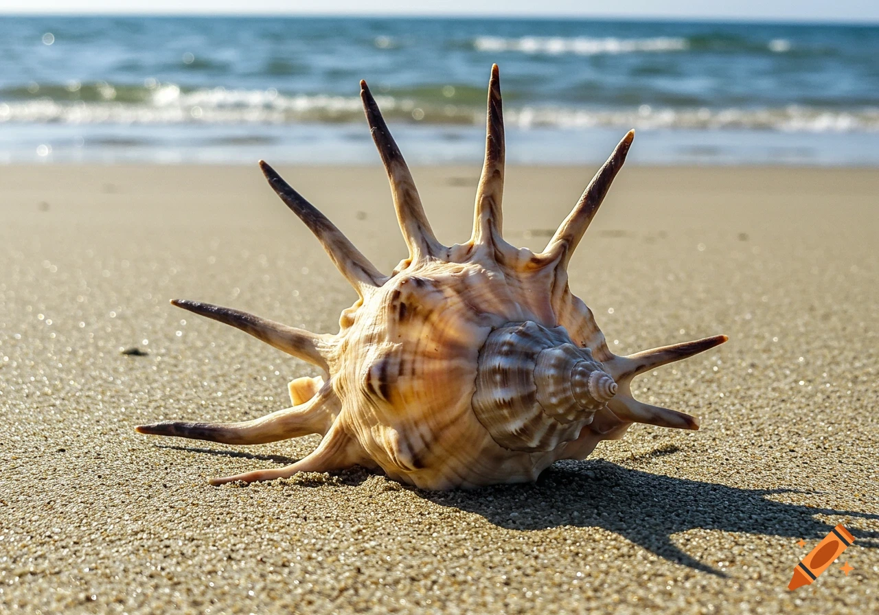A detailed close-up of a spiky spider conch seashell resting on a sandy beach with the ocean in the background.