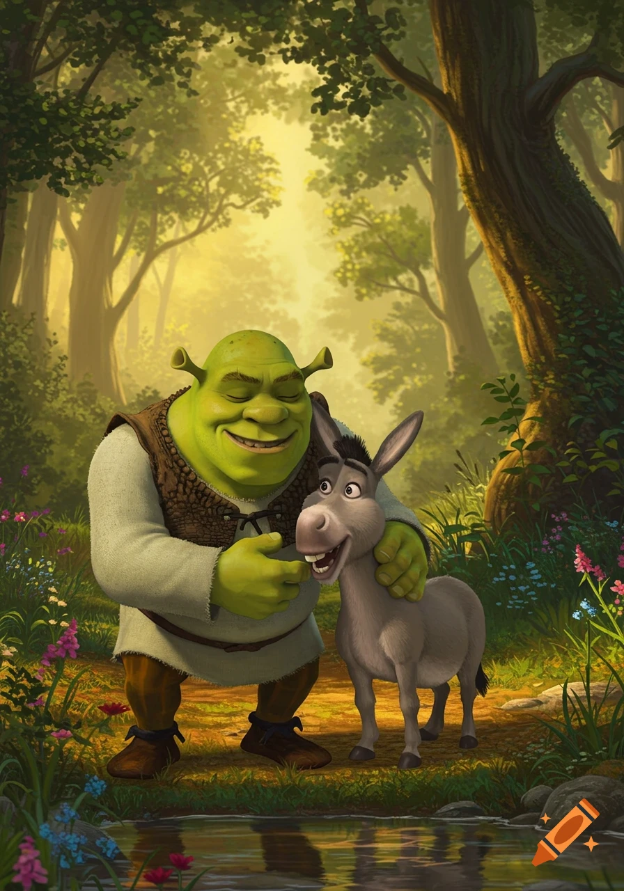 Shrek and Donkey smiling in a vibrant, sunlit forest with flowers and a stream.