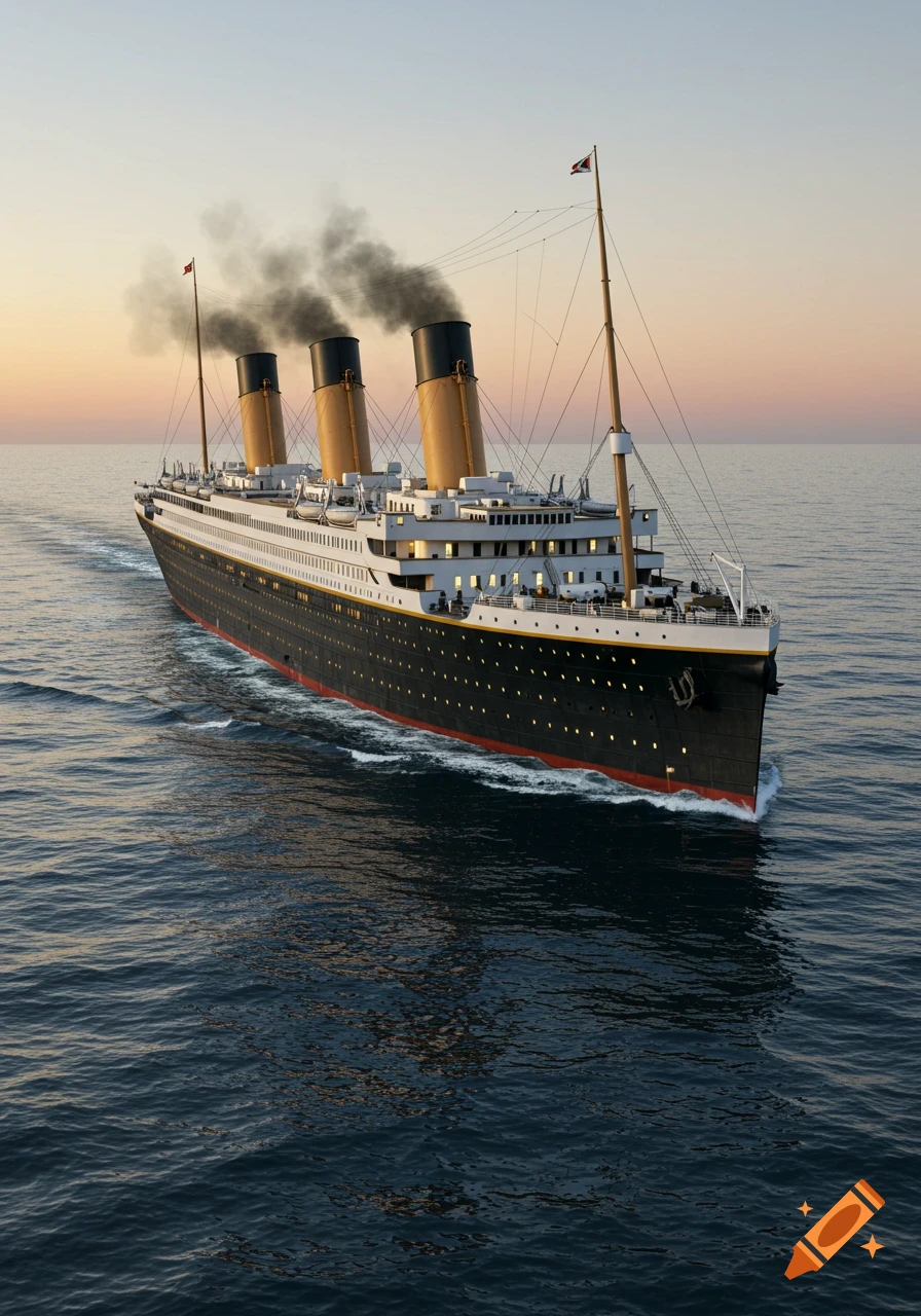 The RMS Titanic sails on a calm ocean during sunset, with smoke billowing from three of its funnels.