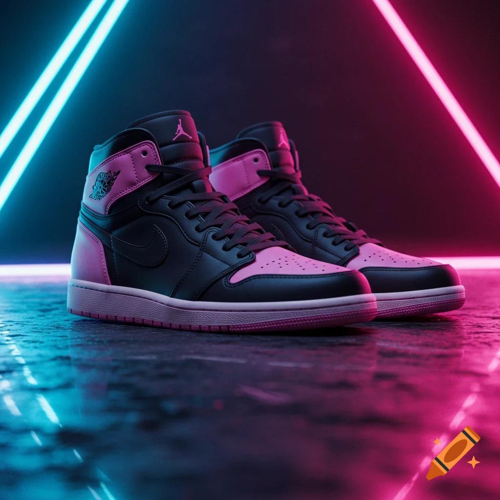 Black and pink Air Jordan sneakers on a wet surface with neon lights in a dark setting.