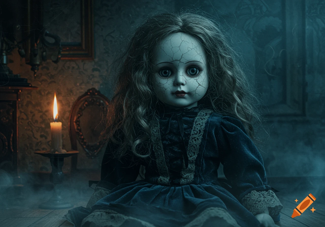 A terrifying, cracked porcelain doll with large eyes and long hair sits in a dimly lit, misty room with a candle.