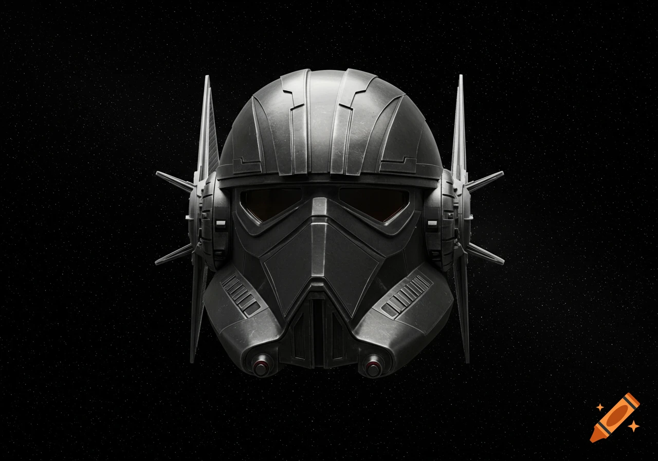 A photorealistic, dark gray helmet, combining features of a Stormtrooper and a TIE Fighter, against a starry black background.