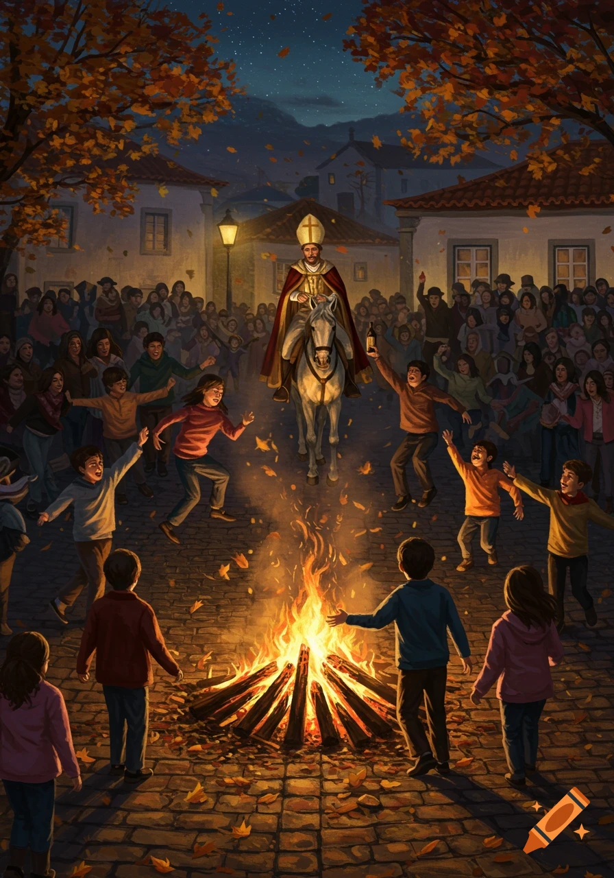 Children dance around a bonfire in an autumn village square at dusk, as Saint Martin on a white horse arrives, scattering golden leaves.