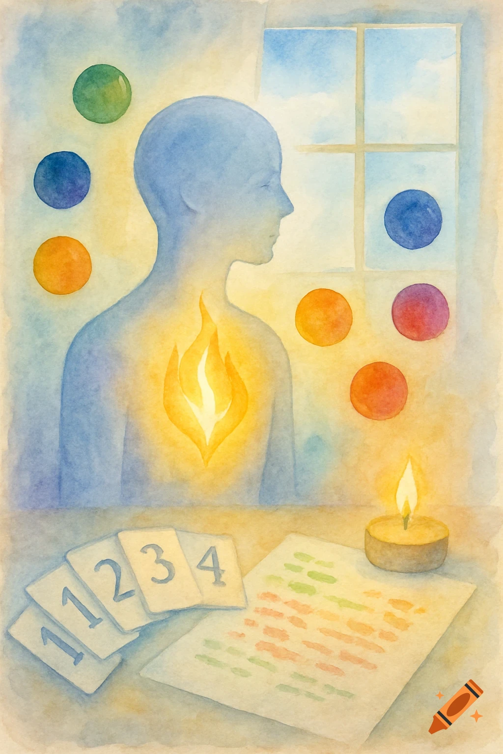A soft watercolor painting of a translucent blue human silhouette with a glowing golden flame in its chest, surrounded by colored spheres. Numerology cards, a document, and a lit candle are on a table below, with a window in the background.
