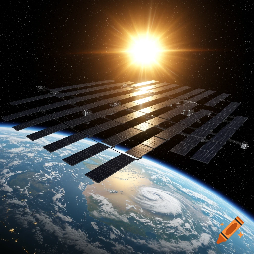 Photorealistic image of a large array of solar panels orbiting Earth, with the bright sun illuminating them against a dark, starry space background.