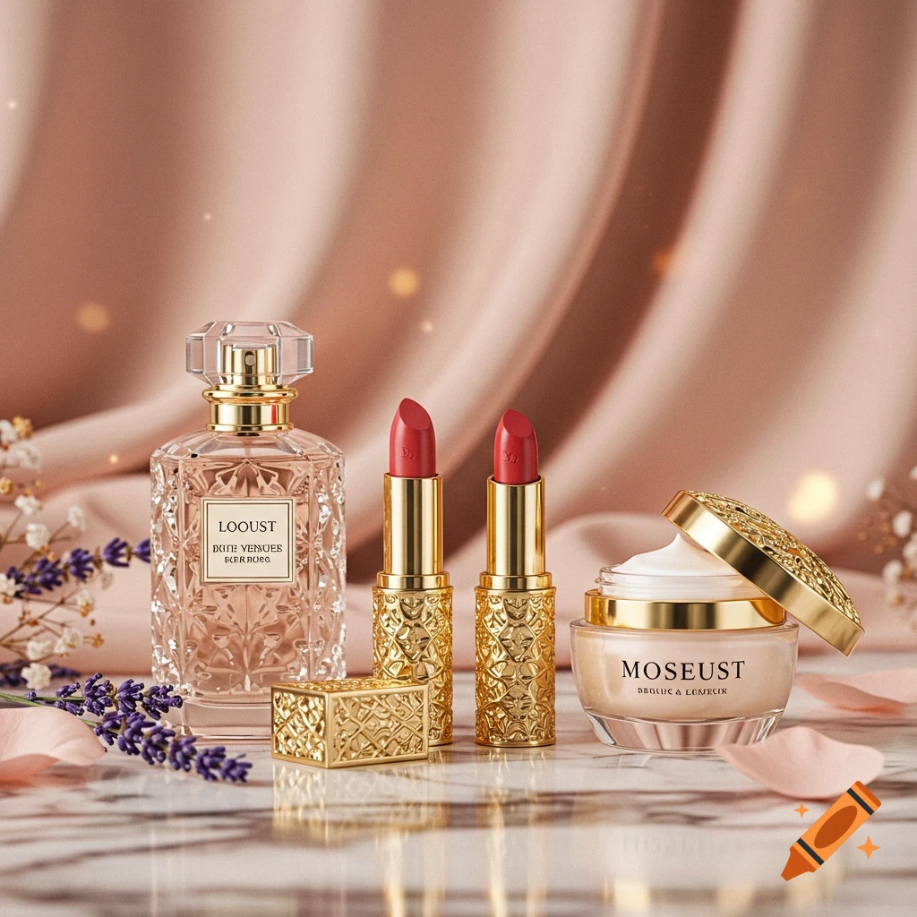 A perfume bottle, two red lipsticks, and a cream jar with gold lids arranged on a marble surface with lavender sprigs and pink rose petals, set against a pink draped fabric background.