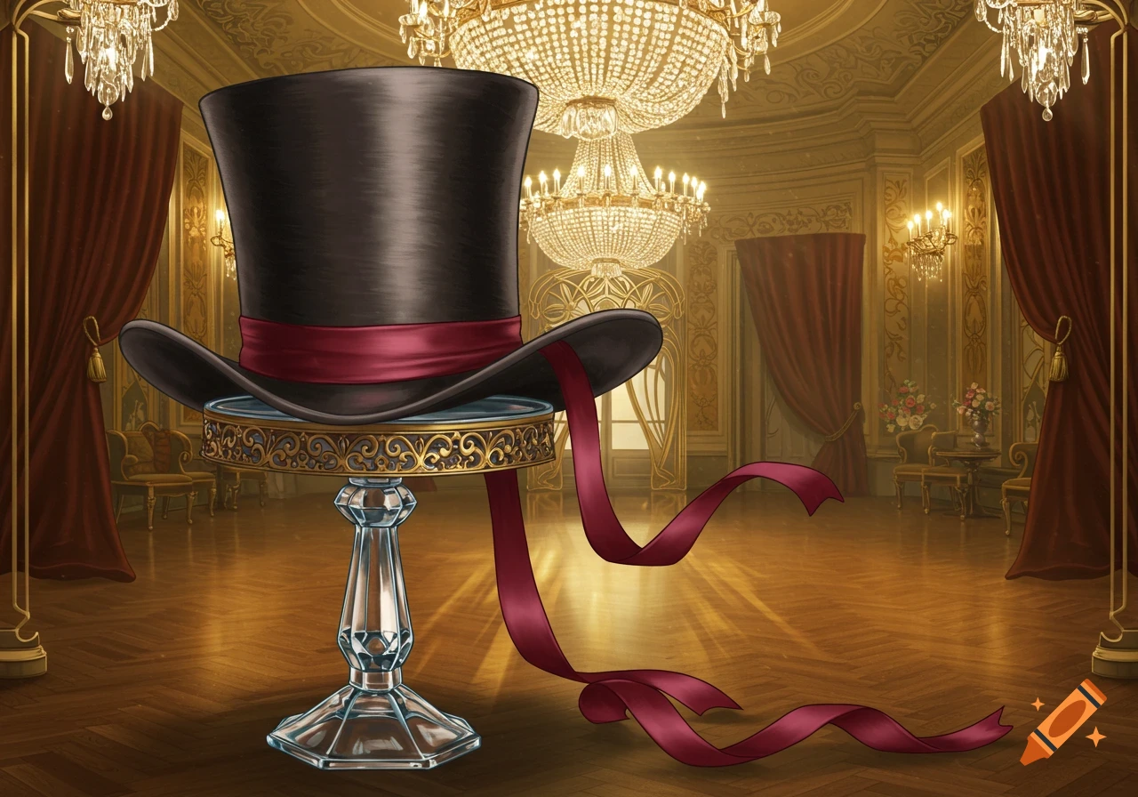 A black top hat with a red ribbon sits on an ornate glass and gold pedestal in a grand ballroom with sparkling chandeliers and red curtains.