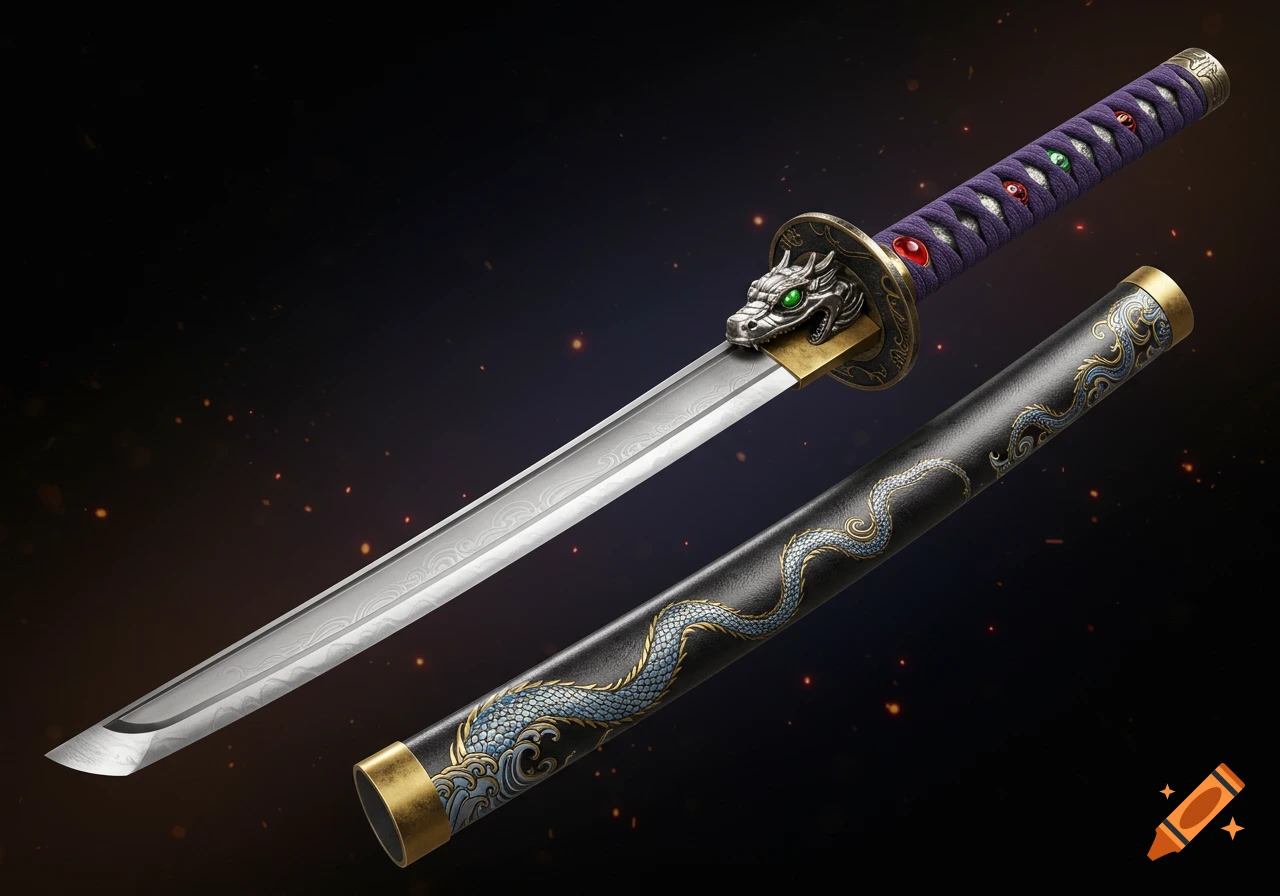 A hyper-realistic fantasy katana with a silver blade, dragon head tsuba, purple handle, and black scabbard with dragon motifs.