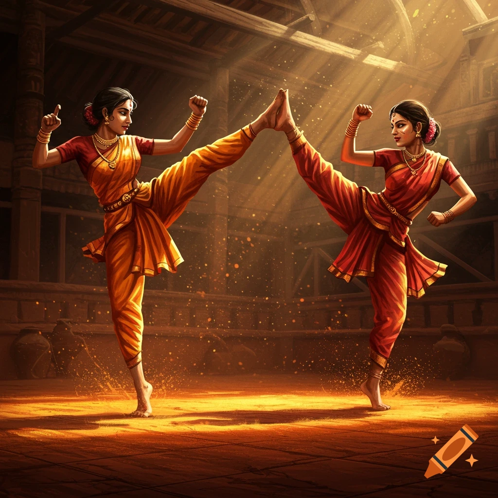 Two Indian women perform high kicks in a dramatic, digitally painted ancient martial arts arena.