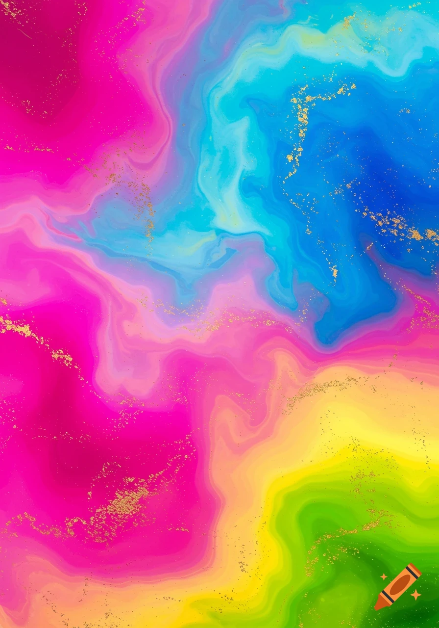 A vibrant abstract background with swirling pink, blue, yellow, and green colors, speckled with gold glitter.