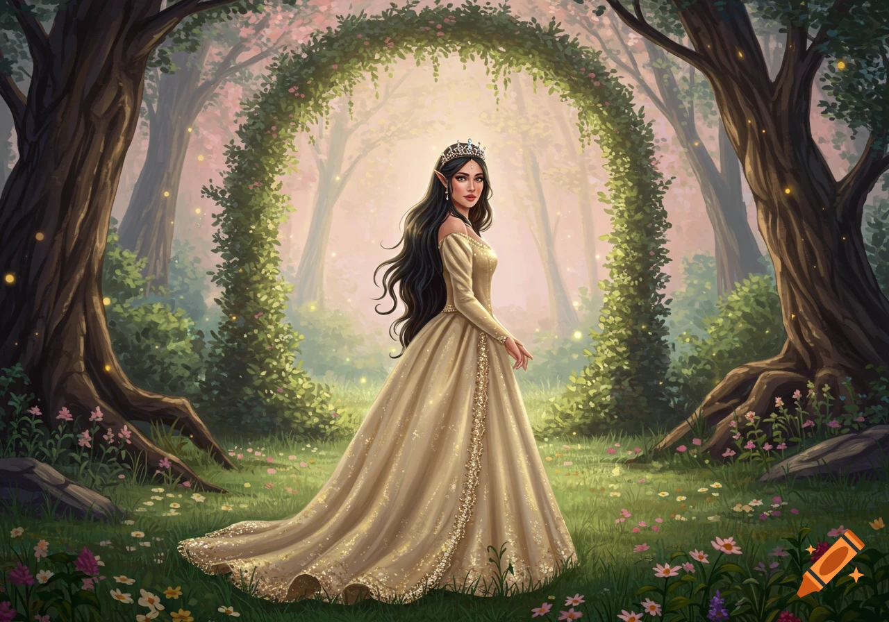 An illustration of an elegant elven princess with long dark hair, wearing a golden gown and crown, standing in a magical forest with a vine archway.