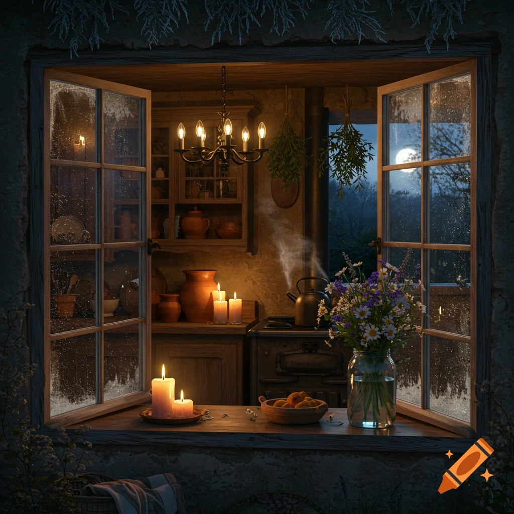 A cozy, candlelit cottage kitchen viewed through a frosted window at night, with a moon visible outside.