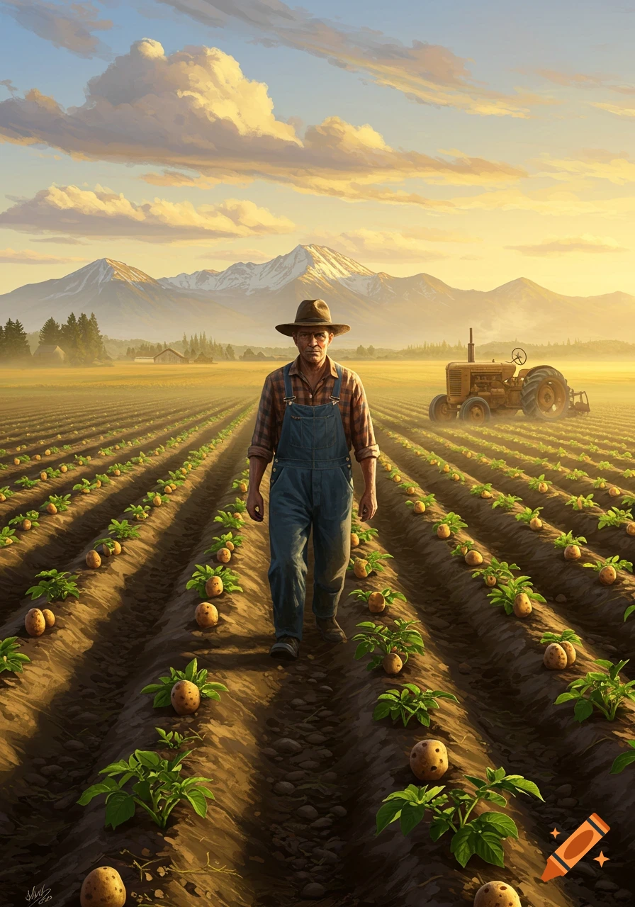 A farmer walks through a potato field at sunrise, with a vintage tractor and snowy mountains in the distance.