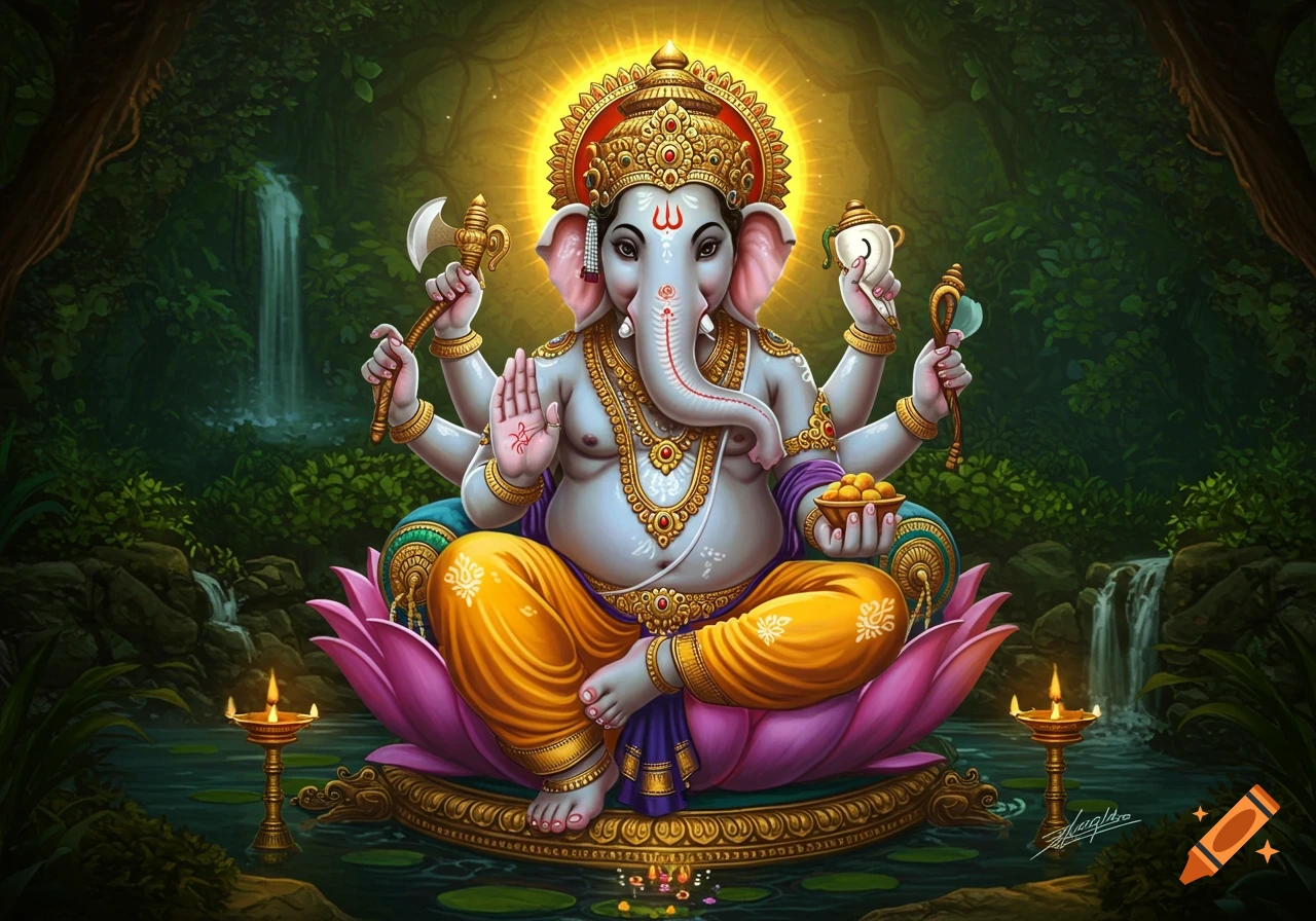 Lord Ganesha meditating on a lotus in a lush forest, holding an axe, sweets, and other items, with a bright halo.