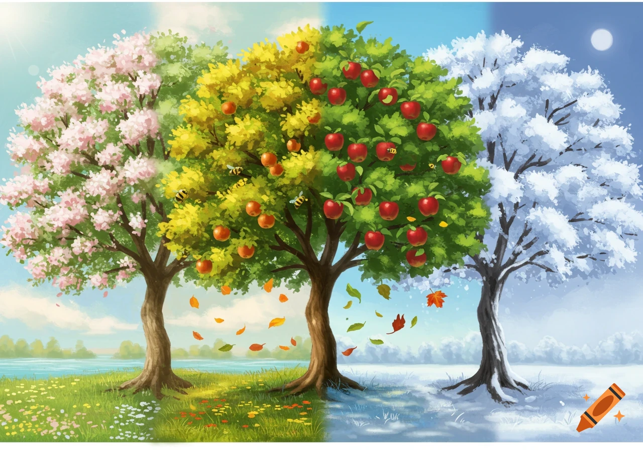 An illustrated landscape with three trees depicting spring, summer, autumn, and winter seasons.