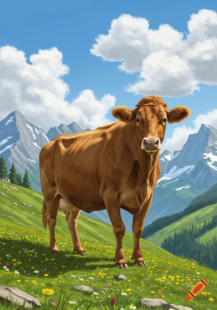 A brown cow stands in a lush green mountain pasture dotted with wildflowers, under a blue sky with white clouds.