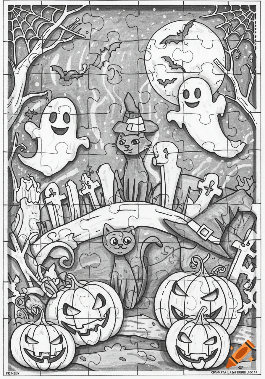 Black and white Halloween jigsaw puzzle featuring ghosts, witch cats, jack-o'-lanterns, bats, and gravestones.