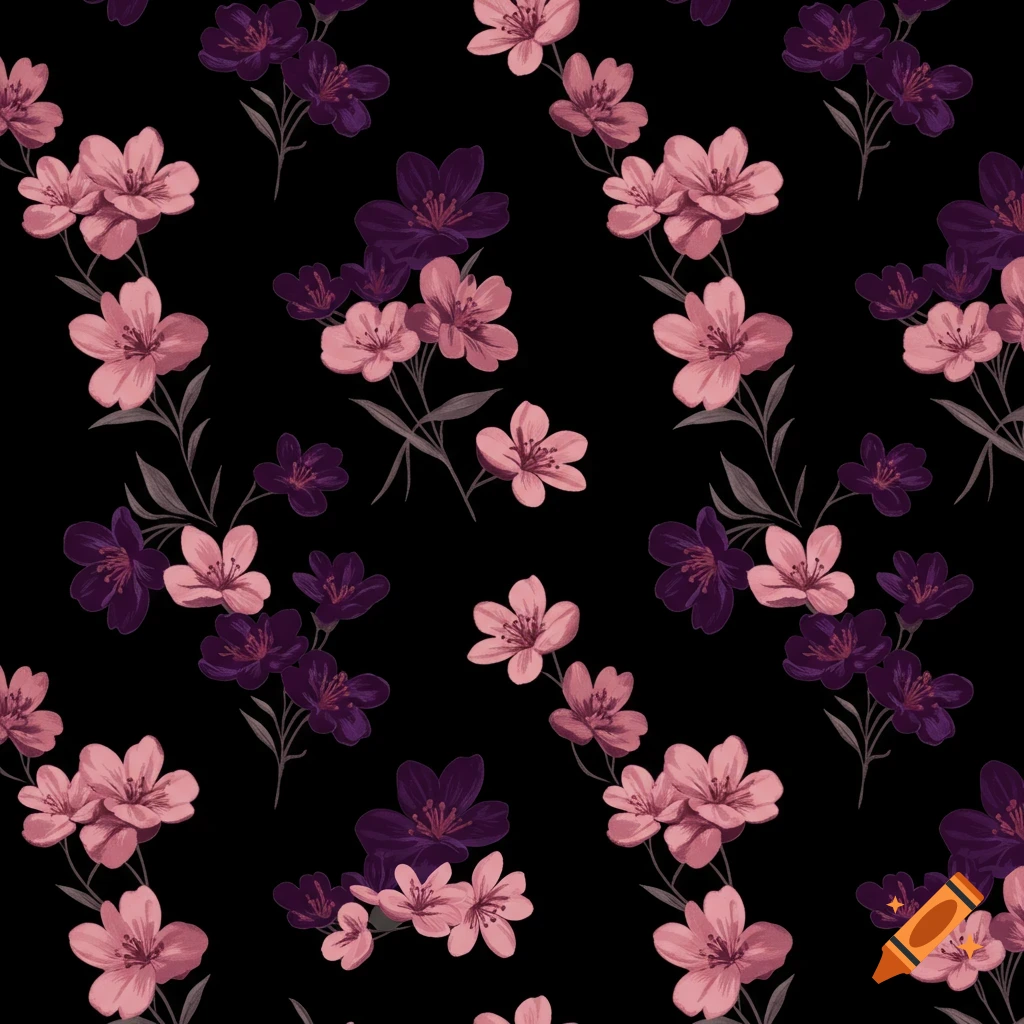 A repeating pattern of small blush pink and medium deep purple flowers on a black background.