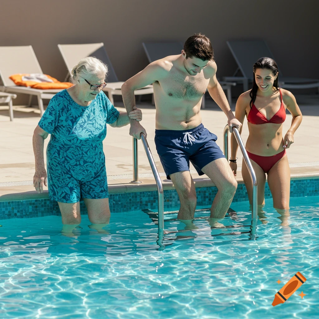 A young man helps an elderly woman enter a swimming pool, as a young woman in a red bikini stands in the water.