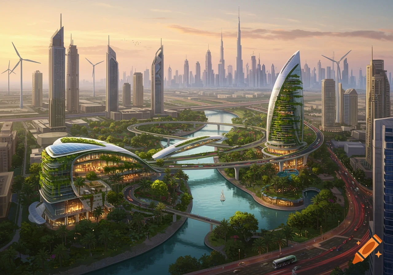 An aerial view of a futuristic, sustainable city with green-covered skyscrapers, winding rivers, multi-level highways, and wind turbines under a clear sky.