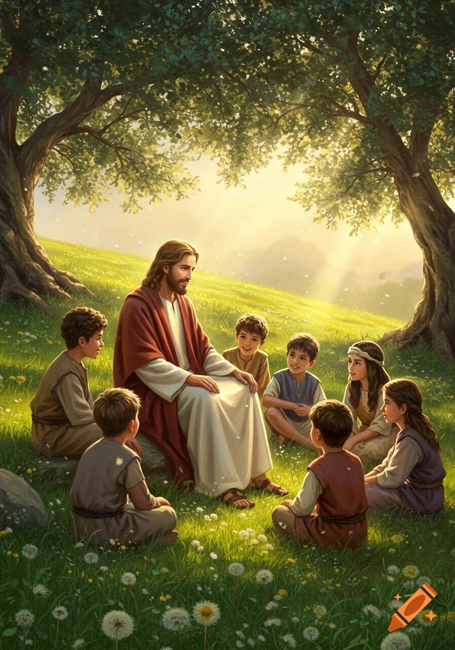Tree On Jesus Robe Jesus, with long hair and a red robe, sits in a grassy field under a ...