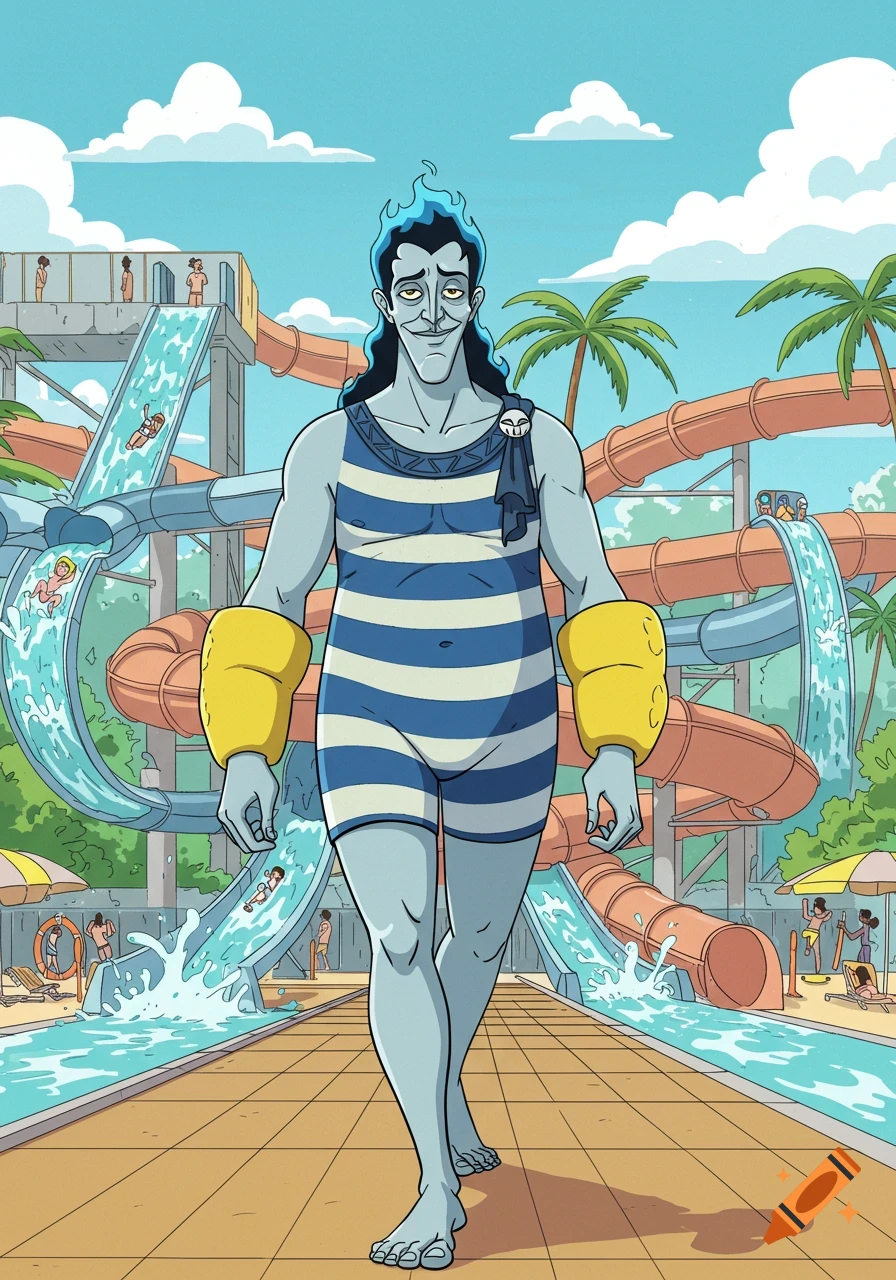Cartoon Hades in a blue and white striped bathing suit and yellow armbands walks through a vibrant waterpark.