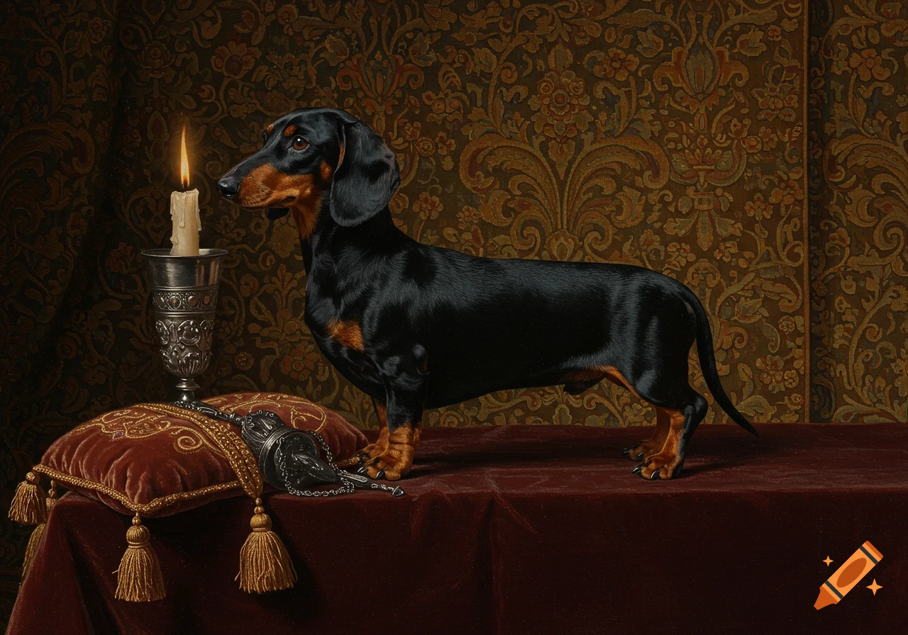 A black and tan dachshund stands on a red velvet table next to a lit candle and ornate pillow, in a Renaissance painting style.