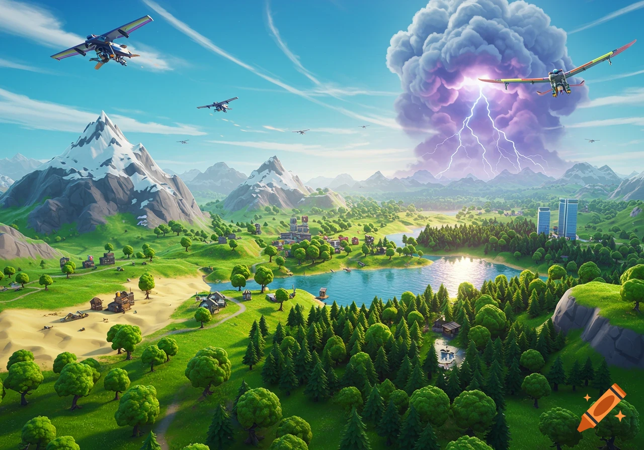 A vibrant, stylized Fortnite-like landscape with snowy mountains, a lake, forests, small towns, flying planes, and a distant lightning storm.