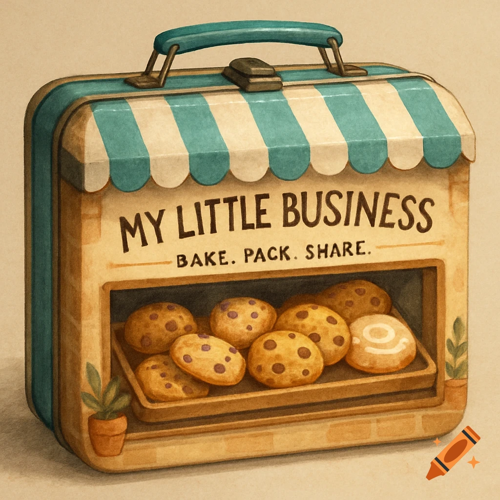 A cute, stylized lunchbox designed as a bakery shop with a striped awning, displaying 'MY LITTLE BUSINESS' and 'BAKE. PACK. SHARE.' text, with chocolate chip cookies inside.
