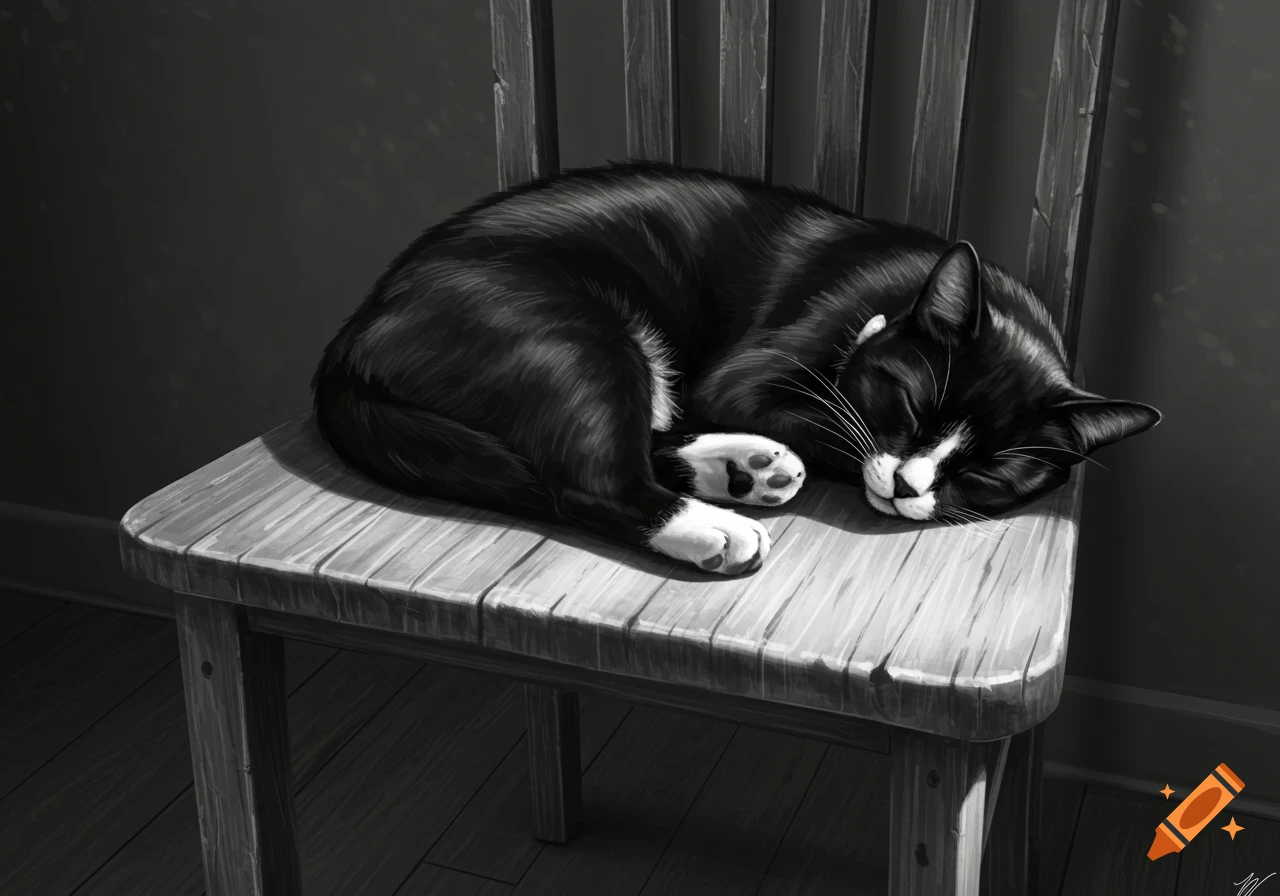 A black and white drawing of a sleeping tuxedo cat curled up on a wooden chair.