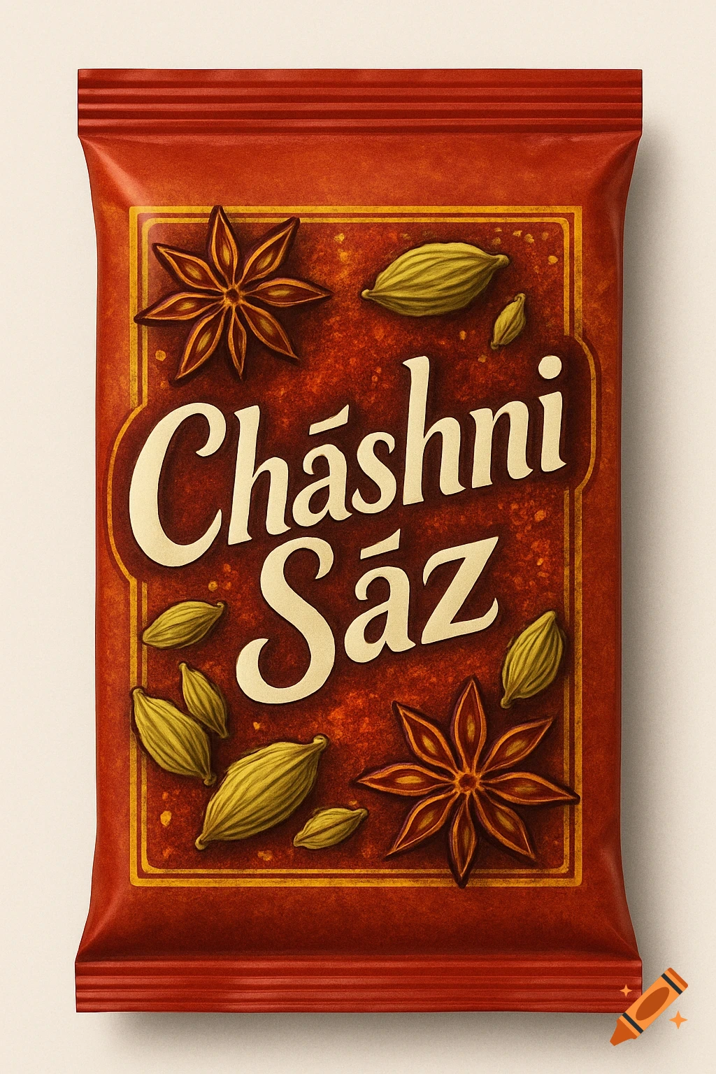 A reddish-brown spice packet labeled 'Cháshni Sáaz', decorated with star anise and cardamom pods.